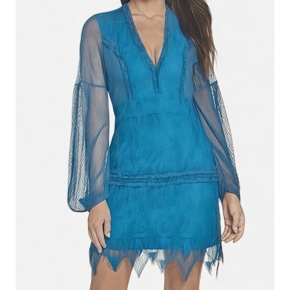 Foxiedox Lace Mini Dress Womens‎ 8 Teal Blue Long Bell Sleeve V-Neck FA981DR
